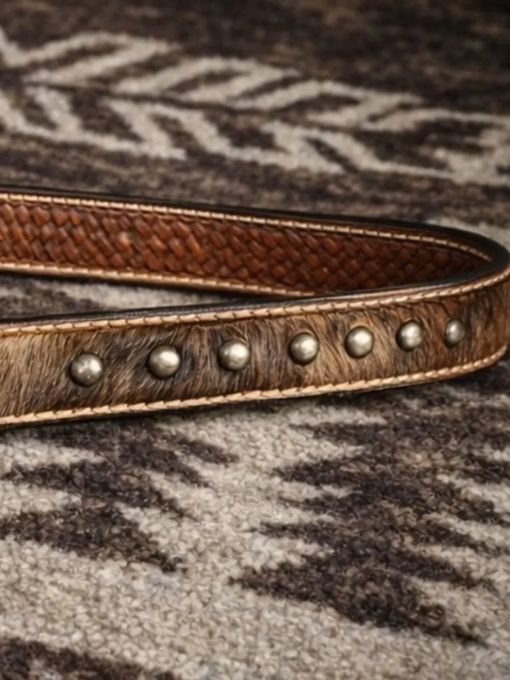Western Hair On Cowhide Leather Belt Brown Tooled Basketweave- Child